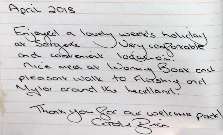 Sorgente Cornish Holiday Cottage guestbook 2018