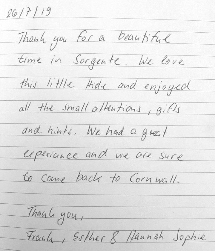 Sorgente Cornish Holiday Cottage guestbook 2019