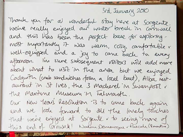 Sorgente Cornish Holiday Cottage guestbook 2010